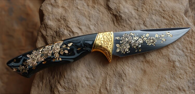bladed knife strucyure background with stainless steel abstrat background with asbtract new art and black blade installed in it 
