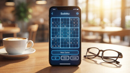 Realistic mobile app style sudoku puzzle captured in hyper realistic photography with clean modern interface