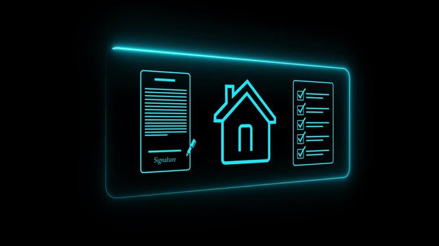 Digital business idea, with home icon and checklist documents floating, representing property purchase process or mortgage application. Motion graphics of document from verification concept