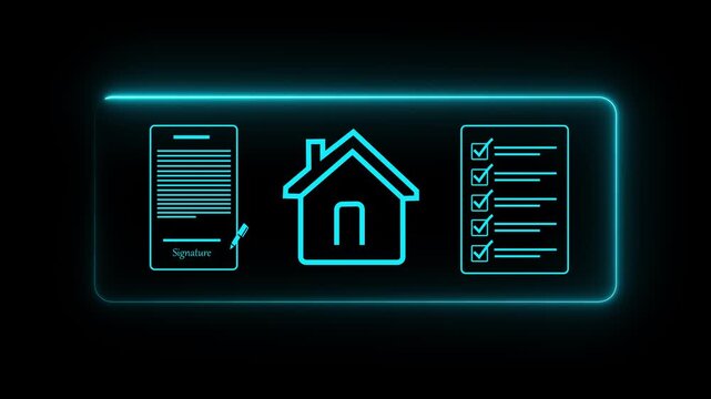 Digital business idea, with home icon and checklist documents floating, representing property purchase process or mortgage application. Motion graphics of document from verification concept