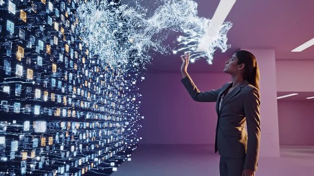 Business professional interacting with digital data transformation visualization. Abstract network of blockchain nodes, cloud computing architecture, and distributed information systems for enterprise