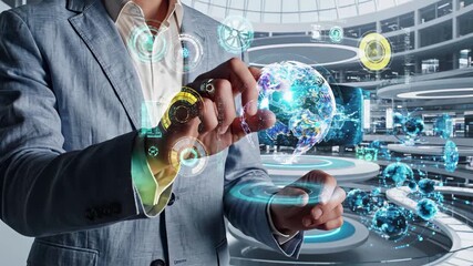 Business professional interacting with holographic globe and digital interface elements in futuristic technology center. Global connectivity, virtual data visualization, and advanced networking - Powered by Adobe