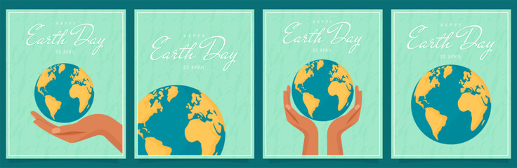 Happy Earth Day poster set with hands holding globe for environmental protection and eco awareness.