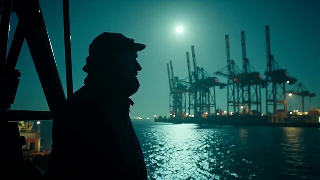 Silhouetted Man Overlooking an Industrial Harbor at Night
