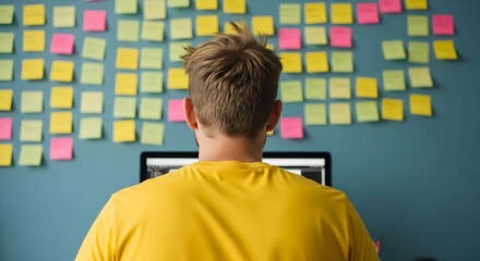 Professional developer looking at a computer monitor with a background of colorful sticky notes on a blue wall.