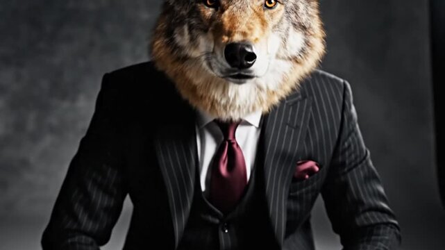 A sophisticated wolf in a sharp suit, exuding an air of cunning professionalism and business acumen, ready for any challenge