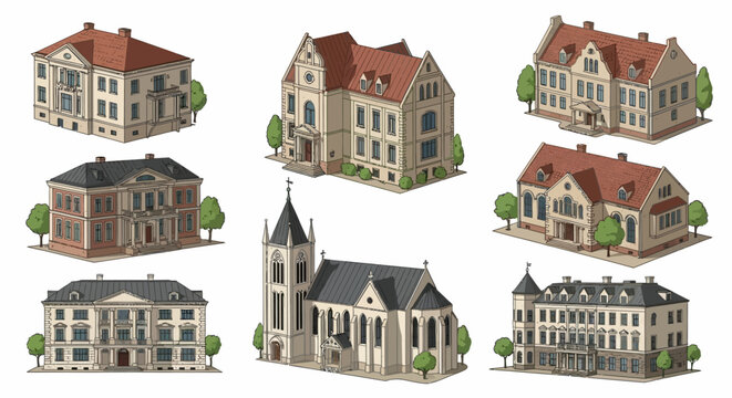 Isometric collection of detailed European architectural illustrations, featuring classic houses, grand mansions, and a traditional church, perfect for design and historical context projects