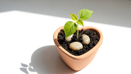 A small green plant growing in a heart-shaped terracotta pot