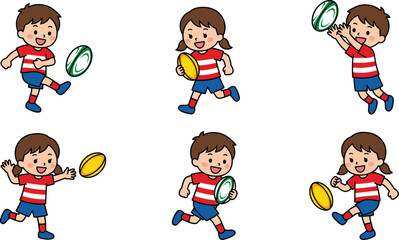 Cute Cartoon Children Playing Rugby Set with Boy and Girl Characters Running Kicking and Catching Ball Isolated on White Background