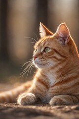 Obraz premium close-up profile portrait of a beautiful ginger tabby cat lying on the ground outdoors in nature during golden hour with warm backlighting