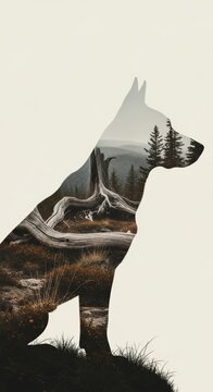 double exposure of a dog with dog habitat nature background, animal silhouette, animal photography, wilderness and conservation