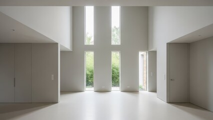 a bright minimalist interior showing tall windows and a clean modern architectural design