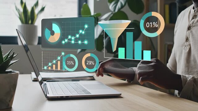 Professional analyzing virtual data visualization dashboard with charts, graphs, percentages, and funnel metrics above laptop. Business analytics interface for performance monitoring, kpi tracking,