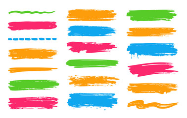 Collection of colorful paint brush strokes and marker swashes on dark background. Grunge textured highlights, underlines, and banners for posters, social media, and creative layouts.