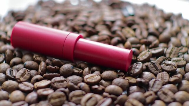 Roasted coffee beans with a pink colored object on top, closeup