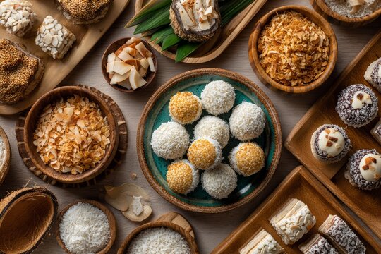 Bolinhas Coco, coconut treats arranged in rustic wooden bowls on warm table. Cozy atmosphere highlights flavors, textures. Concept of dessert diversity, coconut cookies Indian festive.