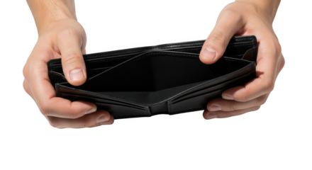 Empty leather wallet held by two hands concept of financial crisis isolated on transparent background