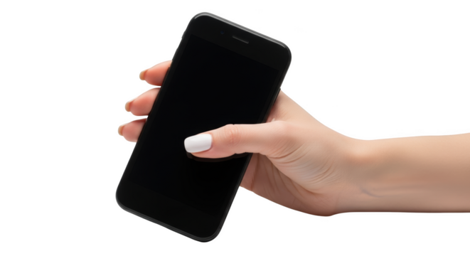 Elegant woman hand holds modern smartphone isolated on transparent background - Powered by Adobe
