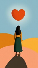 Woman Standing in Landscape with Heart in Sky and Warm Colors , emotional independence, person standing confidently with heart shaped shadow, modern symbolic concept