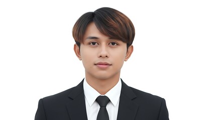 A young man dressed in a formal suit and tie looks directly at the camera with a professional and serious expression.