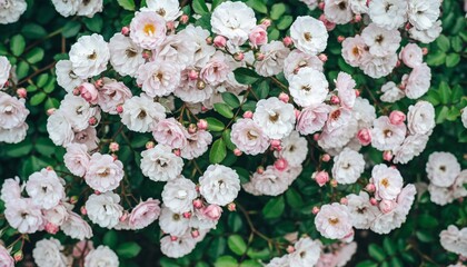 Delicate light pink and white climbing roses blooming profusely on a lush green bush, creating a beautiful floral background texture with a romantic and gentle mood