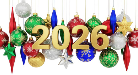Golden 2026 year text with christmas ornaments decoration isolated on transparent background