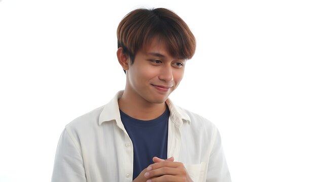 A young man smiles shyly with his hands clasped, looking down and to the side with a modest expression.