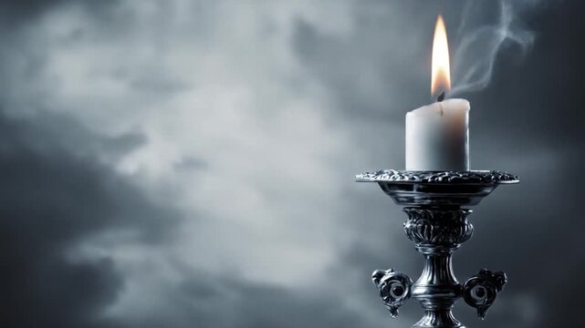 Elegant candle in a silver candlestick against a backdrop of somber clouds.