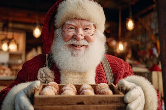 Elderly man dressed as Santa Claus holding crate of Bolinhas Coco. Warm, inviting smile, cozy rustic background. Concept of festive celebration with coconut cookies Indian festive.