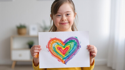 young girl smiling while holding a handmade watercolor heart drawing indoors, expressing love, creativity, inclusion and positive emotions