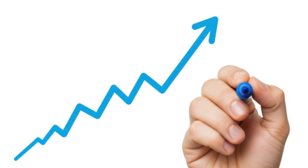 Hand drawing a blue upward trend line on a transparent surface indicating growth and success isolated on transparent background