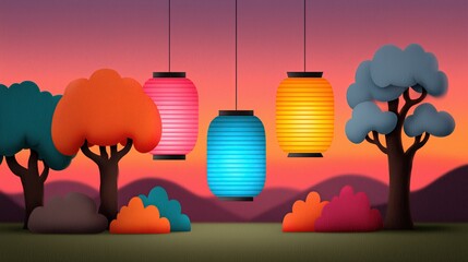 Colorful Hanging Lanterns Against a Beautiful Sunset Background
