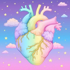 Obraz premium Colorful Heart Illustration with Clouds and Stars in Pastel Style