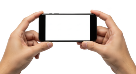 Hands holding a smartphone with a blank white screen in landscape orientation for mockup presentation isolated on transparent background