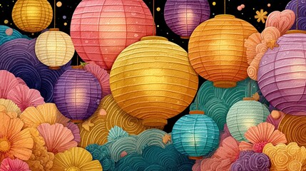 Colorful Paper Lanterns Floating in a Night Sky with Clouds and Flowers