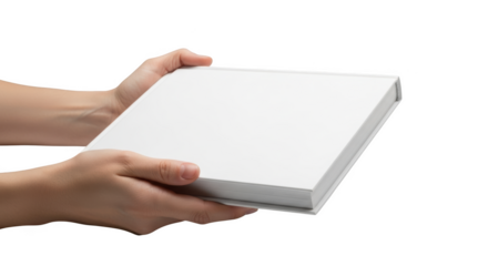 Hands presenting white hardcover book mockup for design element isolated on transparent background