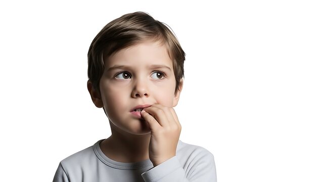 An anxious young boy nervously bites his nails while looking up and away on a white background.