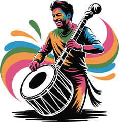 A vibrant illustration of a man playing a drum and sitar covered in colorful holi powder