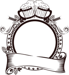 Beer mugs with hops and wheat on decorative banner frame