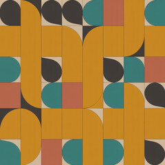 Seamless modern geometric pattern with abstract rounded shapes and drops. Minimalist mid-century aesthetic in mustard yellow, terracotta, and teal for trendy interior decor and textiles.