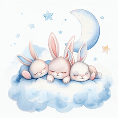 Cute watercolor nursery illustration of three sleeping bunnies on a soft blue cloud with a crescent moon and stars. Whimsical hand-painted bedtime art for children's rooms and baby showers.