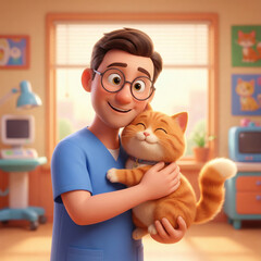 Cute 3D illustration of a friendly male veterinarian in blue scrubs hugging a happy ginger cat in a clinic setting. Heartwarming concept for pet care, veterinary medicine, and animal health.