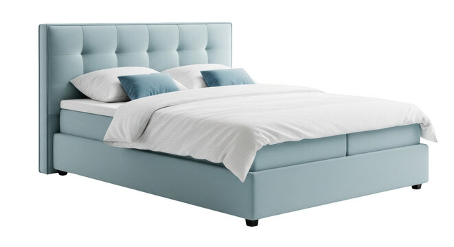 Light blue box spring bed with pillows and white bedding isolated on transparent background
