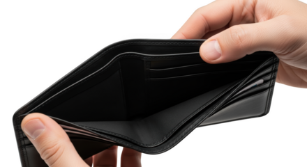 Man holds empty leather wallet depicting financial crisis bankruptcy and poverty isolated on transparent background