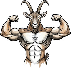 a muscular goat flexing its biceps on transparent background
