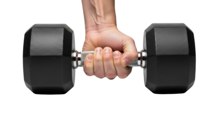Mans hand gripping heavy dumbbell exercising strength training isolated on transparent background