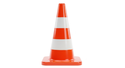 Orange and white striped traffic cone for construction warning and safety isolated on transparent background
