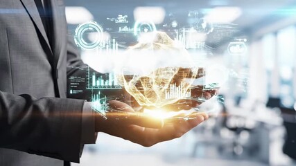 Business professional holds holographic digital interface with glowing data analytics, charts and global network visualization. Technology concept represents corporate intelligence, cloud computing - Powered by Adobe