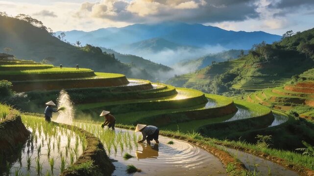 Scenic terraced rice fields landscape in Vietnam with women farming wearing conical straw hats