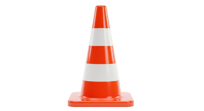 Orange and white striped traffic cone for construction warning and safety isolated on transparent background